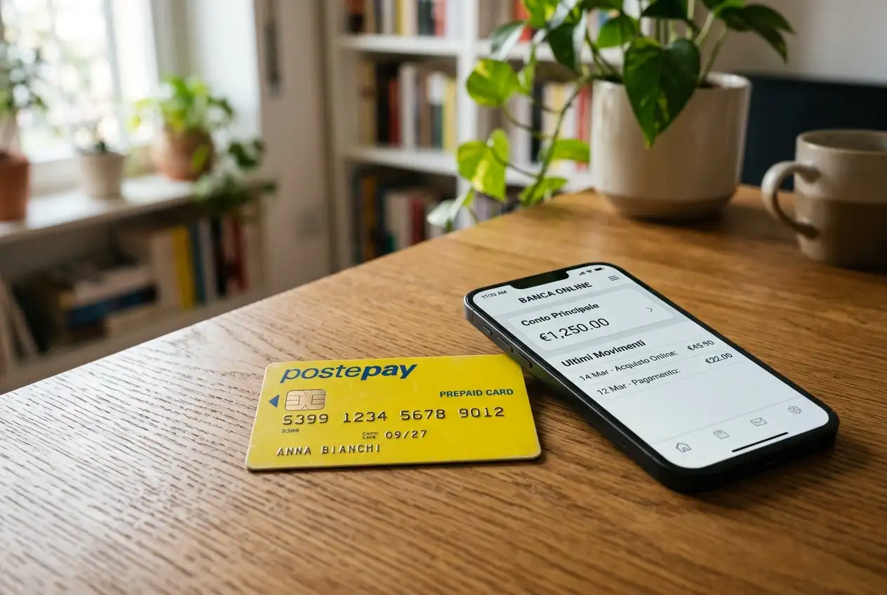 Carta prepagata Postepay gialla di Poste Italiane appoggiata su una scrivania