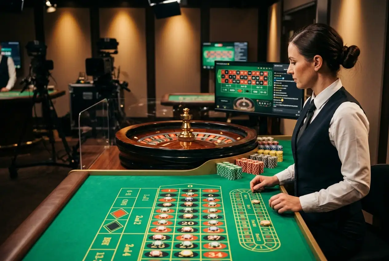 Tavolo di roulette dal vivo di un casino online con croupier e ruota in primo piano