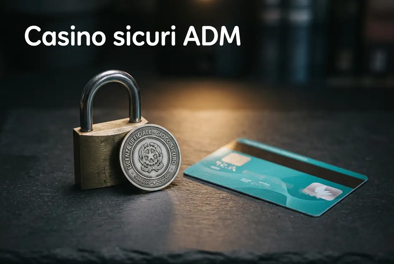 Logo della concessione ADM e lucchetto di sicurezza accanto a una carta Postepay su sfondo scuro