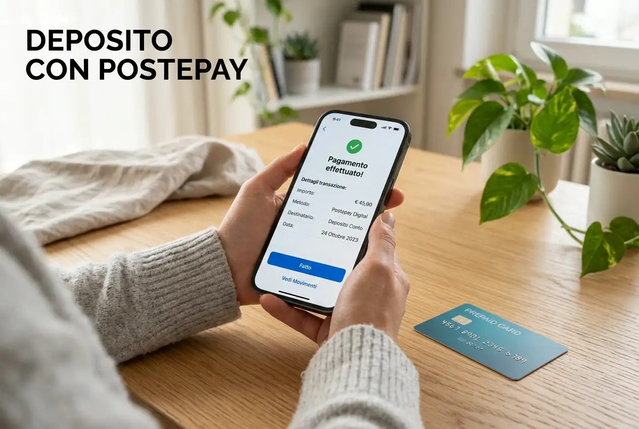 Smartphone con app Poste Italiane aperto sulla schermata di pagamento accanto a una carta Postepay