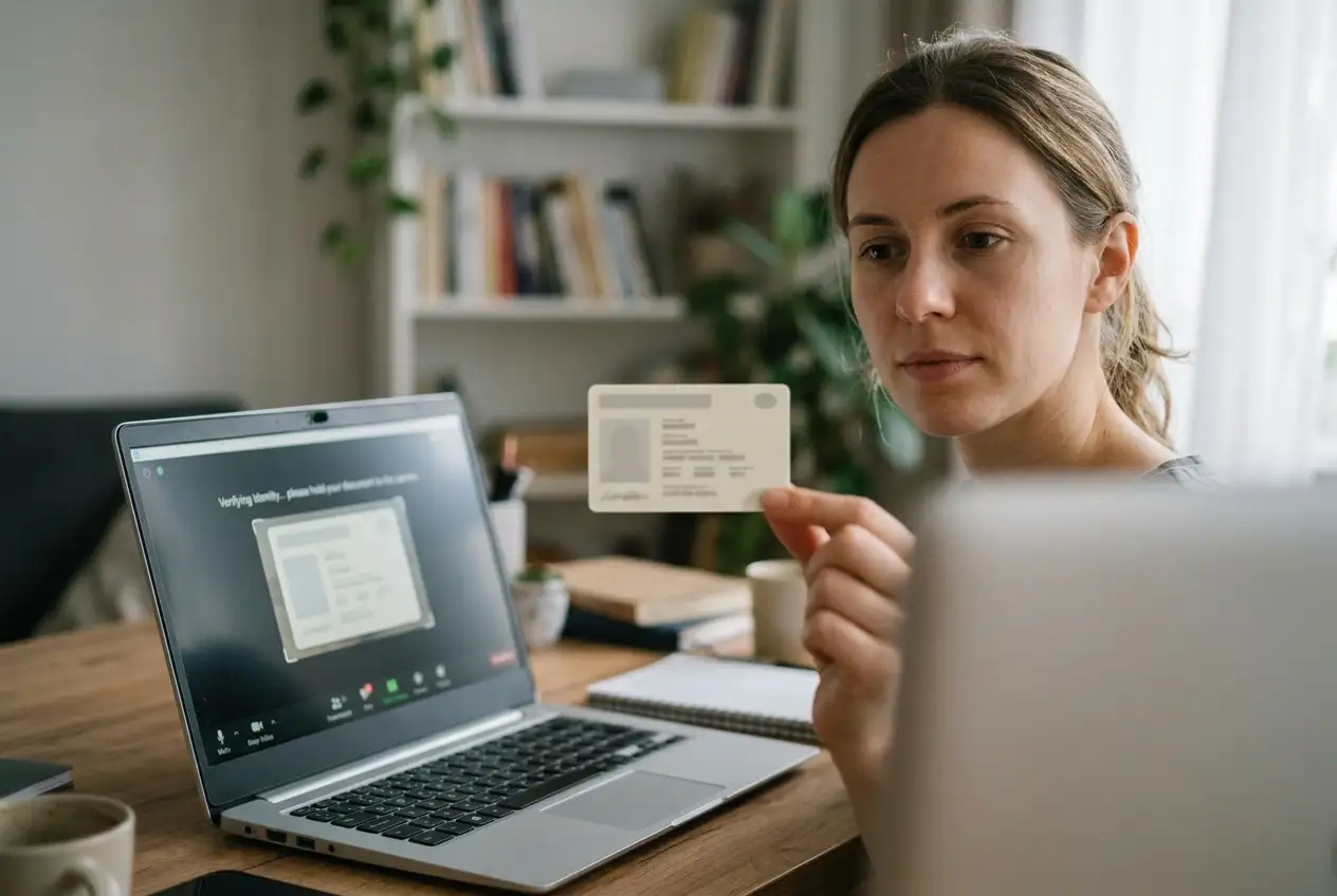 Verifica dell'identità KYC con documento mostrato alla webcam del portatile