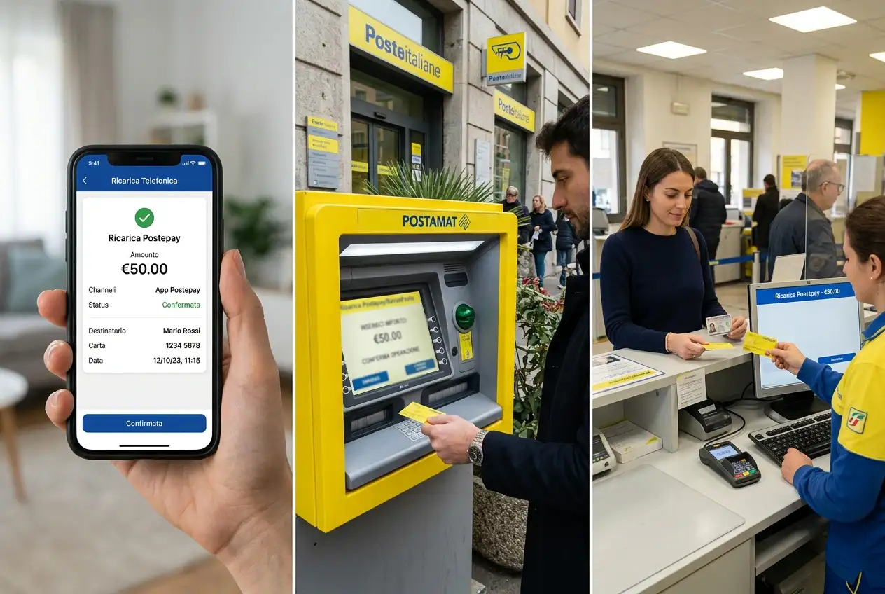 Panoramica dei canali di ricarica della Postepay tra app, Postamat e ufficio postale