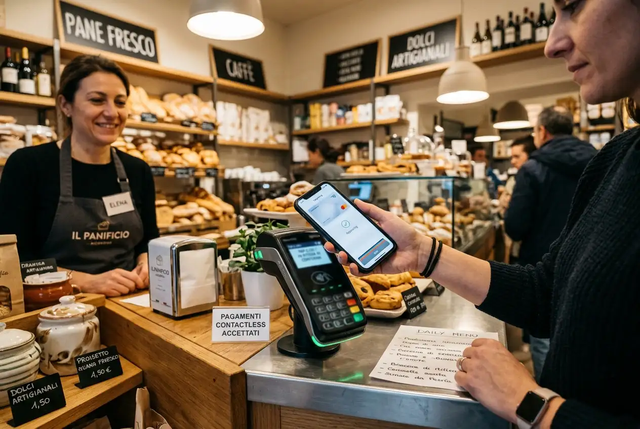 Persona che paga avvicinando lo smartphone a un terminale contactless in Italia