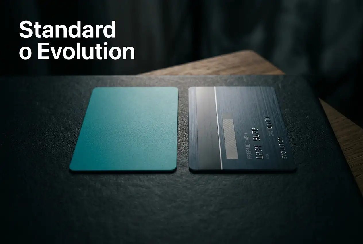 Due carte Postepay, una Standard e una Evolution, affiancate su una superficie scura con grafici di confronto
