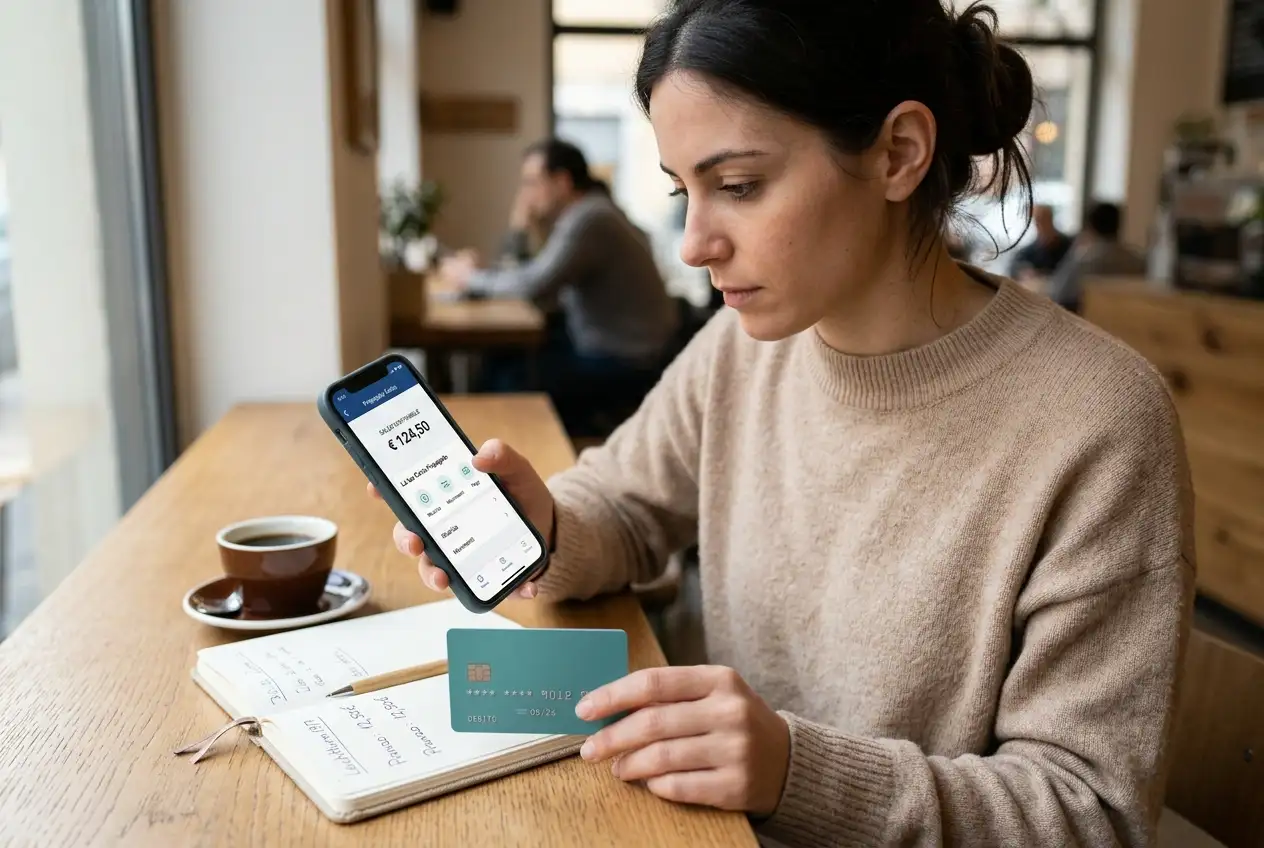 Persona controlla il saldo della carta Postepay prima di aprire la cassa del conto di gioco