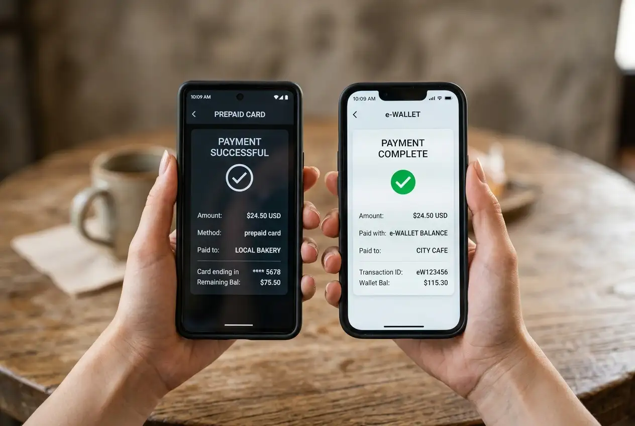Confronto affiancato tra una carta Postepay e un e-wallet PayPal come metodi di pagamento nei casino online