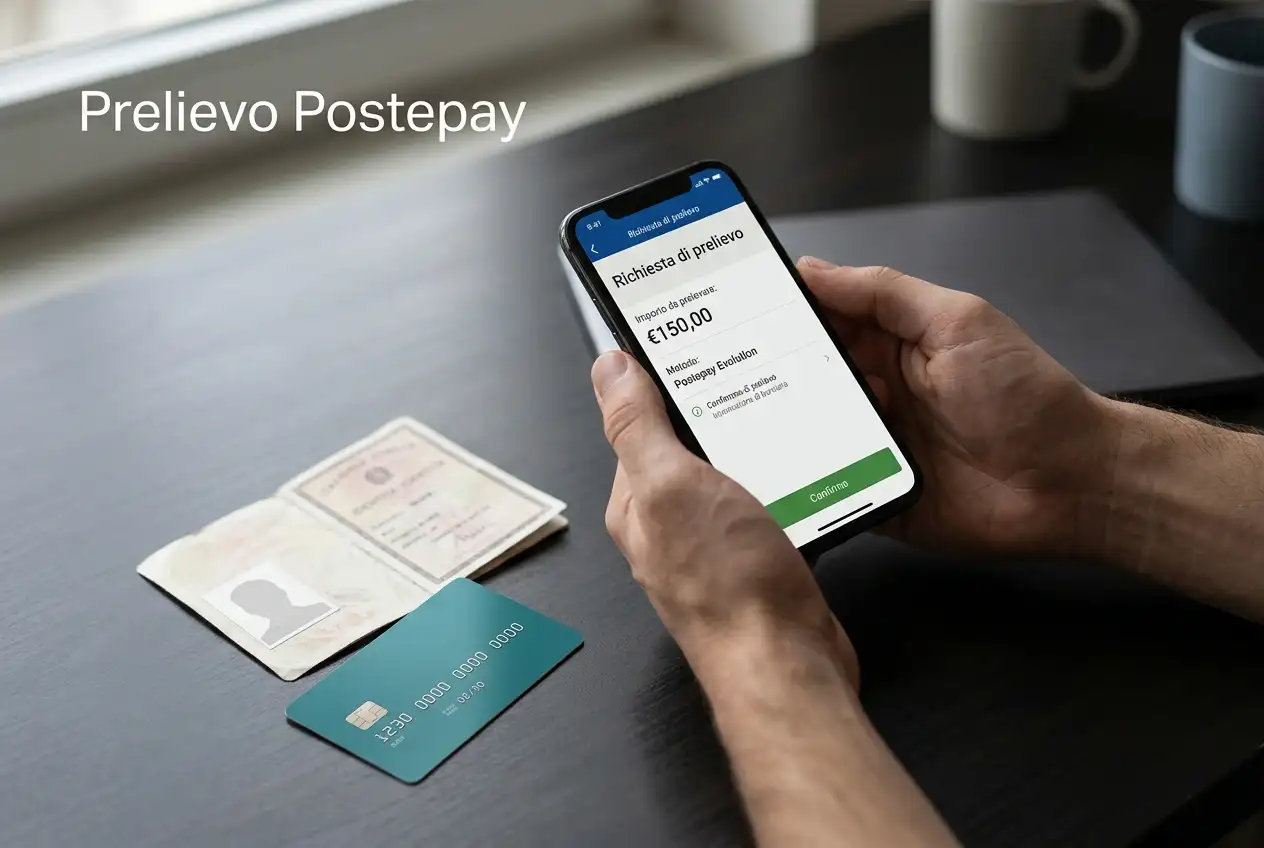 Schermata di richiesta prelievo su un conto di gioco con icona Postepay e documento di identità accanto