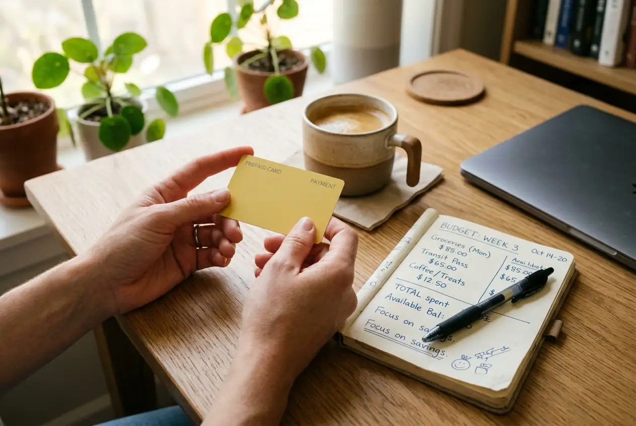 Mani che tengono una carta prepagata accanto a un piccolo taccuino di spesa