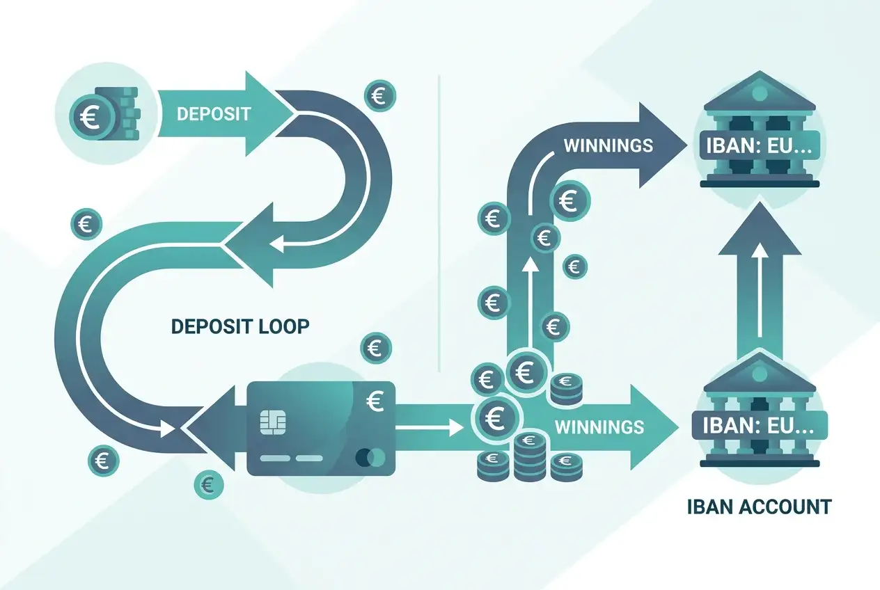Schema del refund only con il deposito che rientra sulla carta e le vincite verso l'IBAN