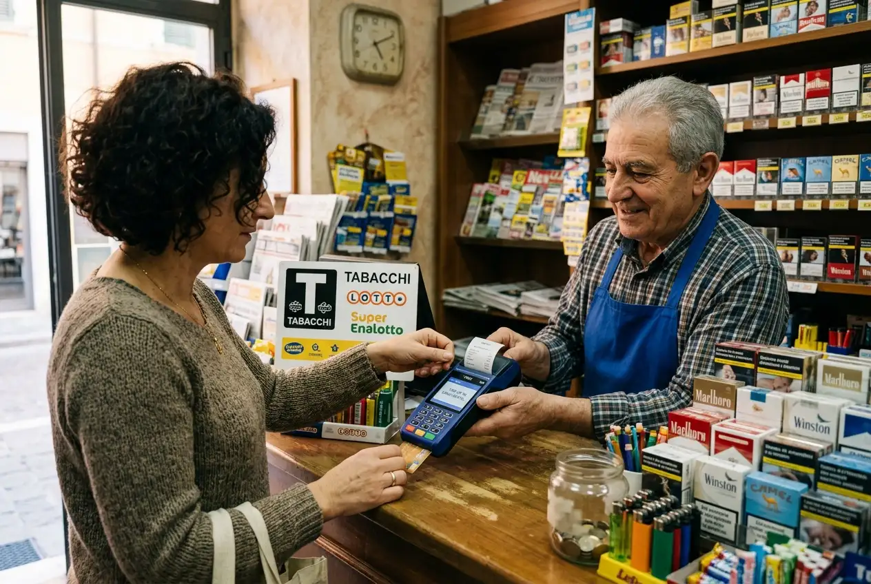 Bancone di una tabaccheria con terminale per la ricarica in contanti di una carta Postepay